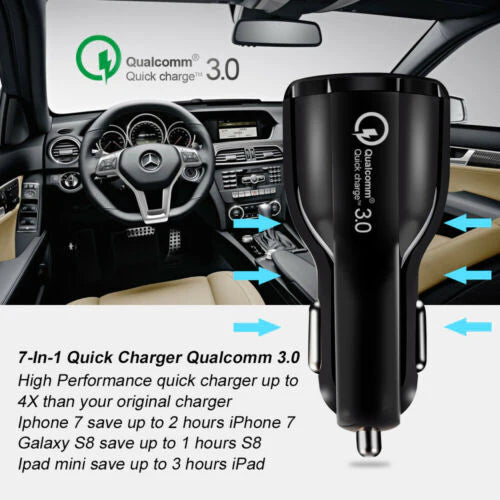 FAST CAR CHARGER USB QUICK CHARGER 2 PORT QUALCOMM QC3.0 LIGHTER SOCKET BLACK