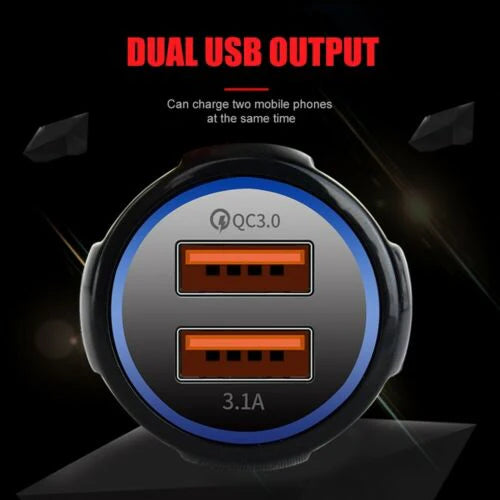 FAST CAR CHARGER USB QUICK CHARGER 2 PORT QUALCOMM QC3.0 LIGHTER SOCKET BLACK