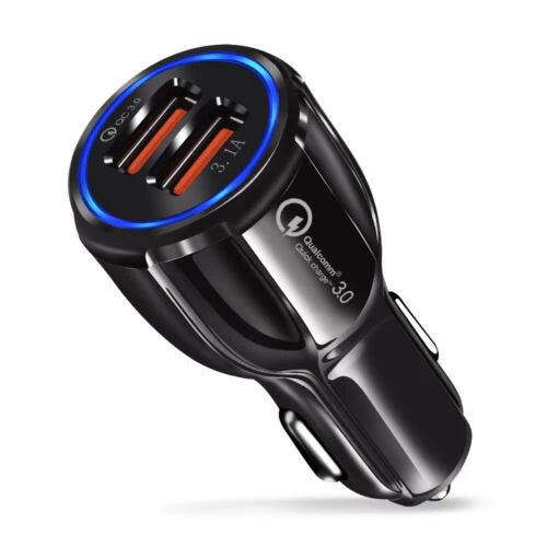FAST CAR CHARGER USB QUICK CHARGER 2 PORT QUALCOMM QC3.0 LIGHTER SOCKET BLACK