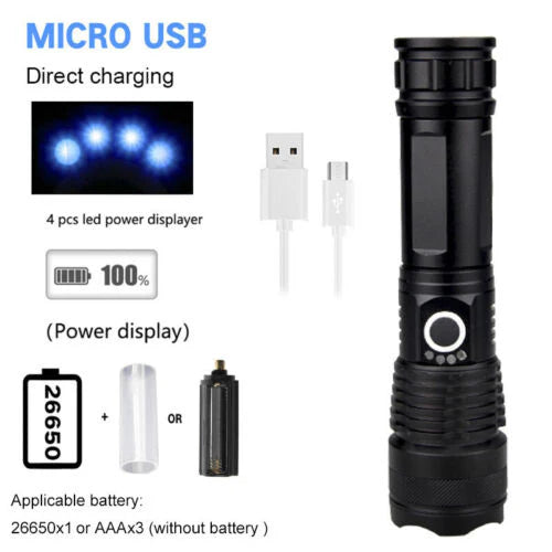 900000 LUMENS XHP50 ZOOM FLASHLIGHT LED RECHARGEABLE LAMP TORCH W/26650 BATTERY
