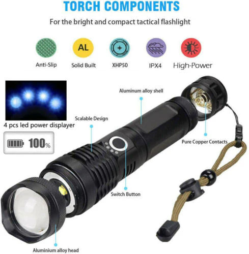 900000 LUMENS XHP50 ZOOM FLASHLIGHT LED RECHARGEABLE LAMP TORCH W/26650 BATTERY