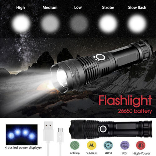 900000 LUMENS XHP50 ZOOM FLASHLIGHT LED RECHARGEABLE LAMP TORCH W/26650 BATTERY