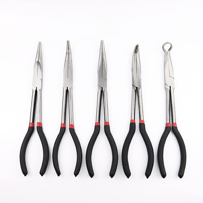 5X 280mm 11'' Long Reach Nose Pliers Set Straight Bent Tip Mechanic Hose Gripper