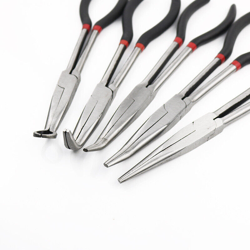 5X 280mm 11'' Long Reach Nose Pliers Set Straight Bent Tip Mechanic Hose Gripper