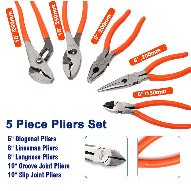 5Pc Plier Set Multi Use Diagonal Linesman Long Nose Groove Joint Slip Joint Tool