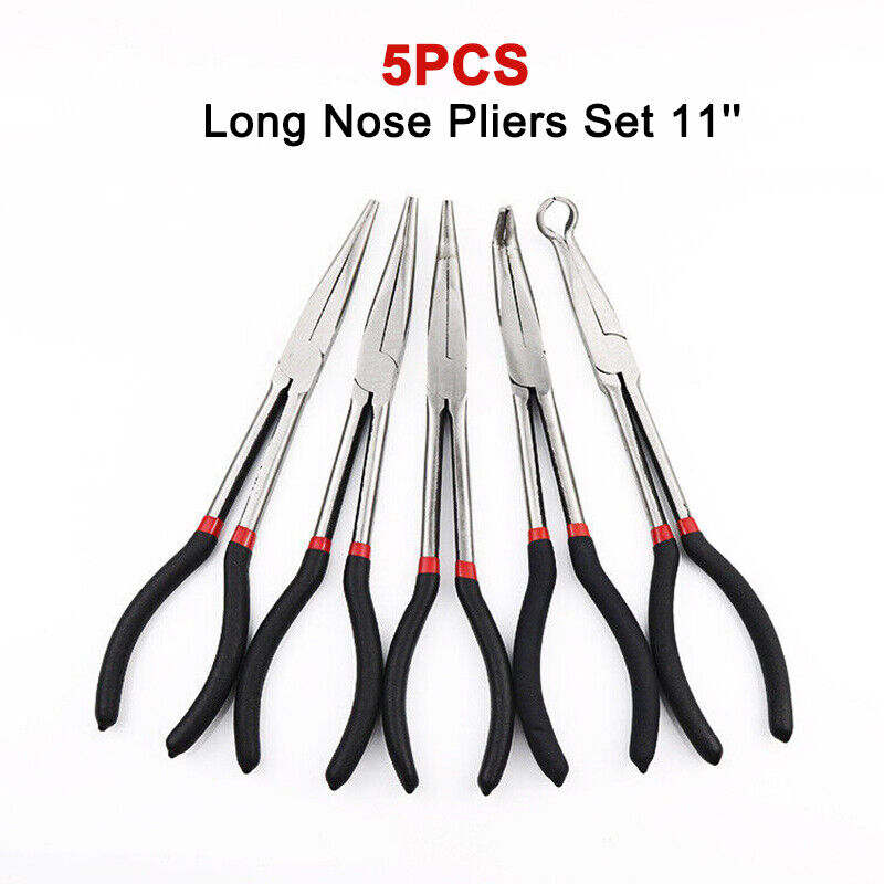 5X 280mm 11'' Long Reach Nose Pliers Set Straight Bent Tip Mechanic Hose Gripper