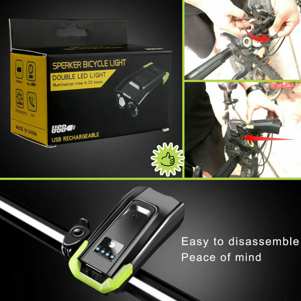 USB Rechargeable Bicycle Bike Smart Induction Front Light 2*T6 LED 6 Modes Horn