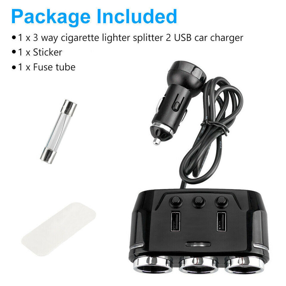 Three Way 12V Multi Socket Car Lighter Splitter Dual USB Charger Adapter