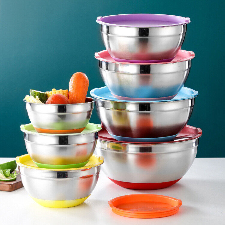 7pc Stainless Steel Mixing Bowls Set with Lids and Non-Slip Bottoms