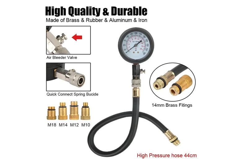 Gasoline Engine Compression Tester with M10 M12 M14 M18 Adapters