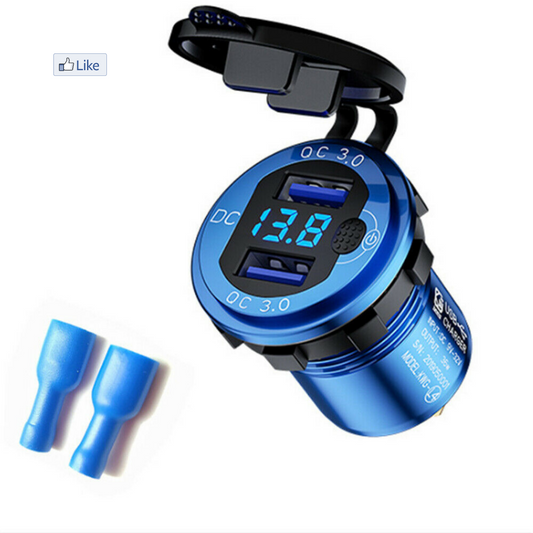 Car Dual USB 12V-24V Charger Quick Charge QC3.0 Socket Power Outlet w/VoltmeterBlue