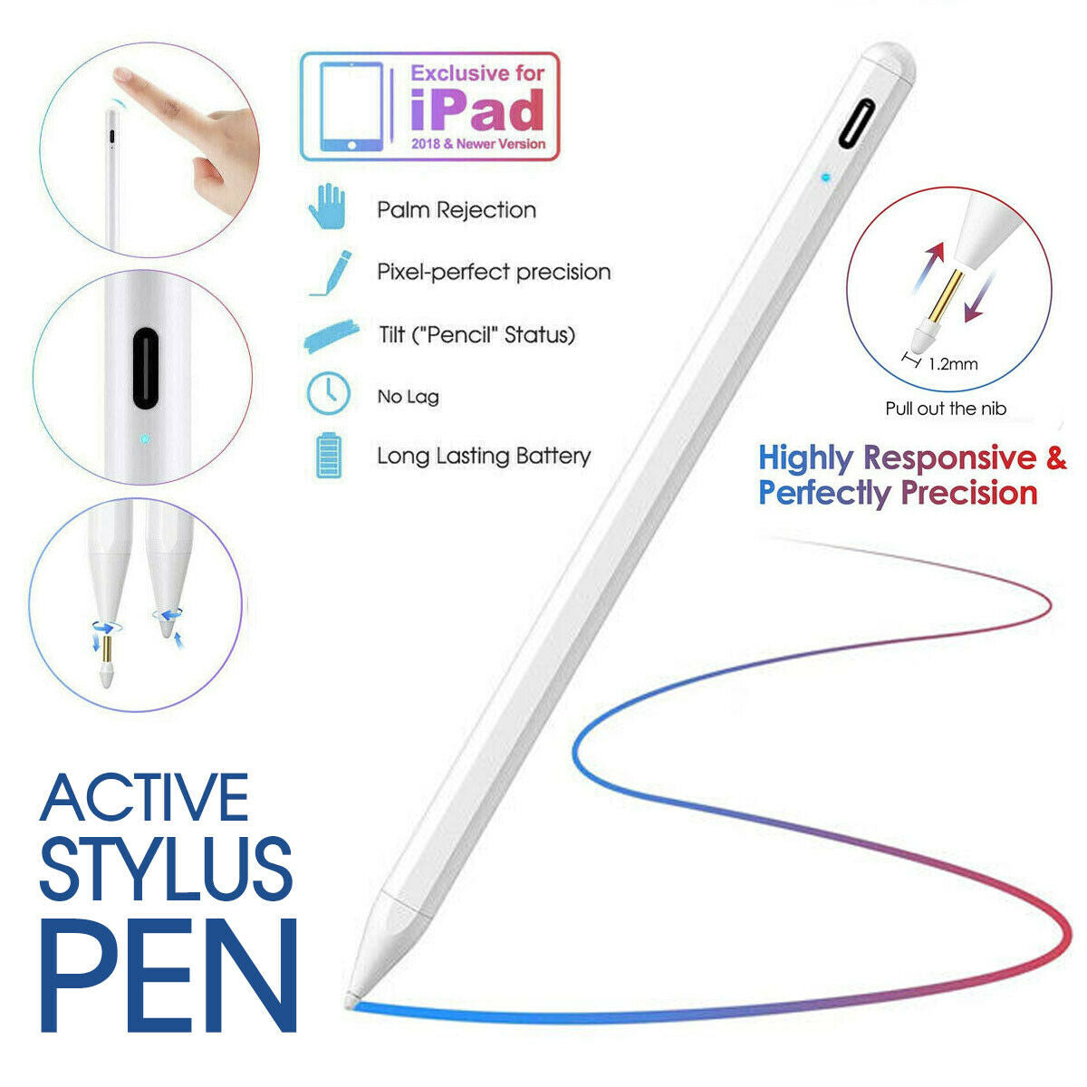Pencil Pen for Apple iPad 6th/7th/8th/Mini 5th/Pro 11&12.9''/Air 3rd Gen Stylus