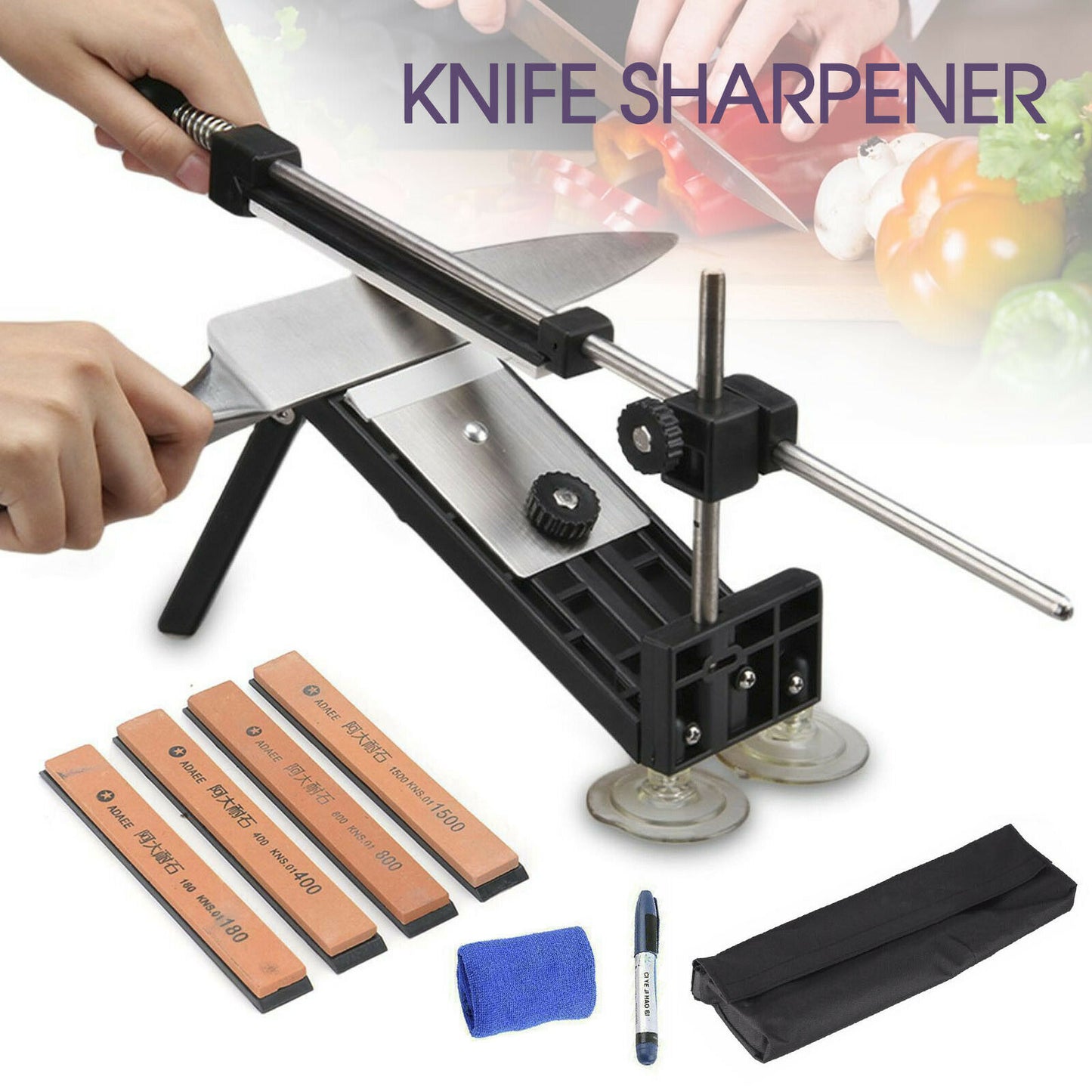 Professional Chef Knife Sharpener Kitchen Sharpening System Fix Angle 4 Stones