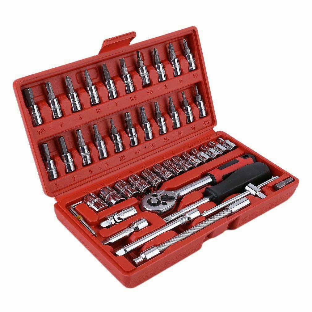 46PCS Socket Wrench Set CRV Truck 1/4" Drive Metric Flexiable Extension Bar Case