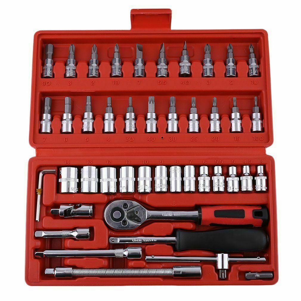 46PCS Socket Wrench Set CRV Truck 1/4" Drive Metric Flexiable Extension Bar Case