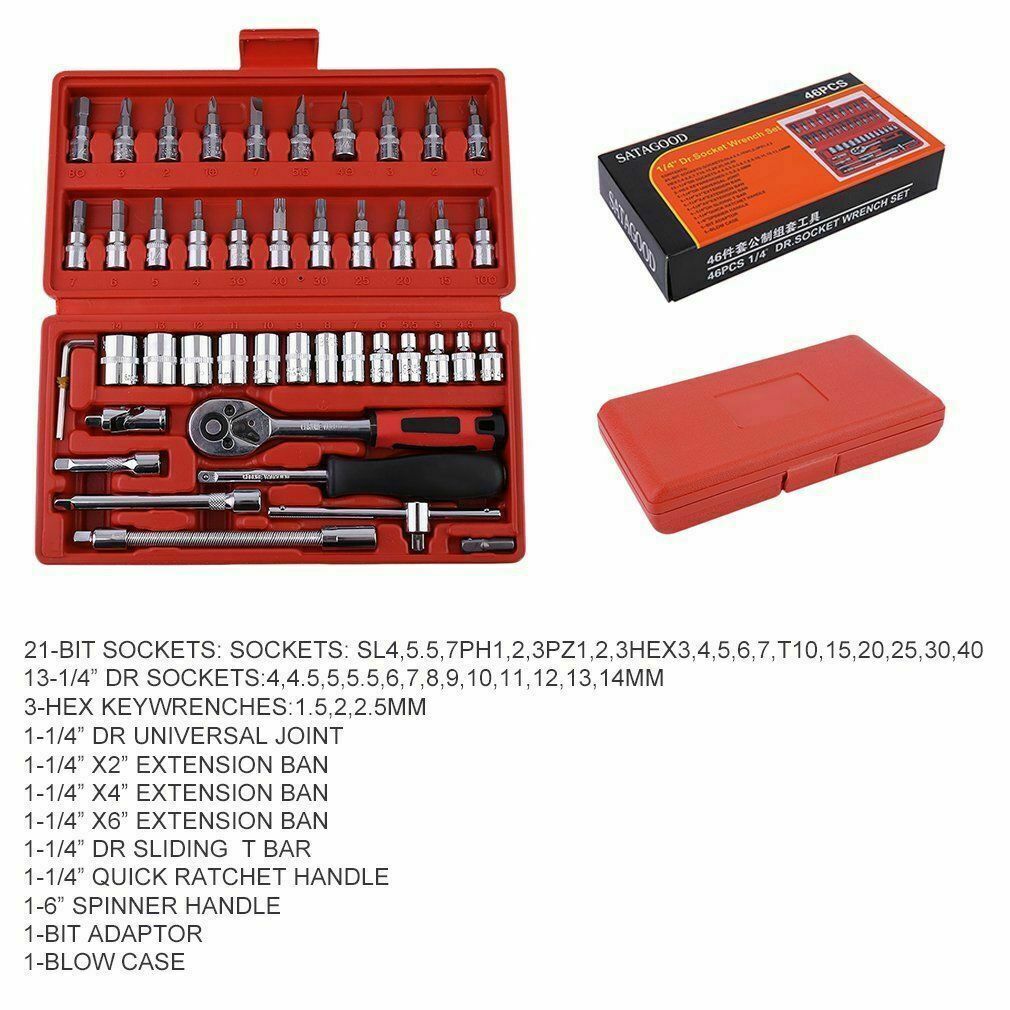 46PCS Socket Wrench Set CRV Truck 1/4" Drive Metric Flexiable Extension Bar Case