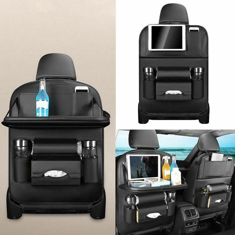 Car Foldable Back Seat Organiser Leather Storage Bag Table Tray Cup Holder