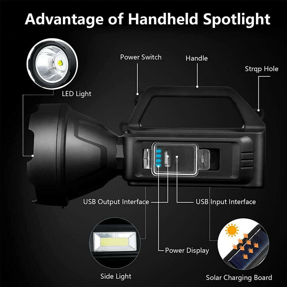Solar LED Searchlight USB Rechargeable Spotlight Flashlight Torch Power Bank AU