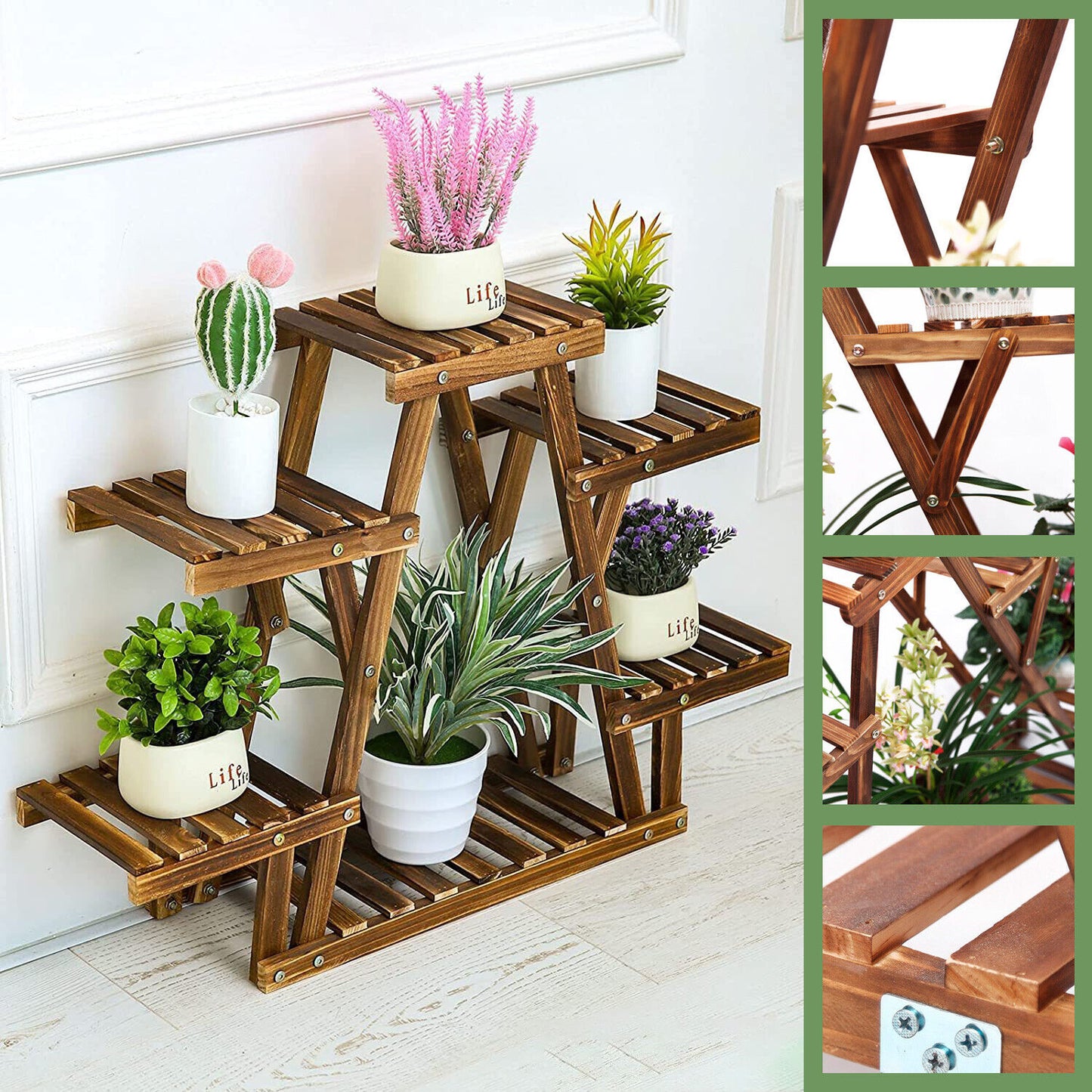 Heavy Duty Pine Wood Plant Stand Triangle In-Outdoor Flower Succulent Pots Shelf