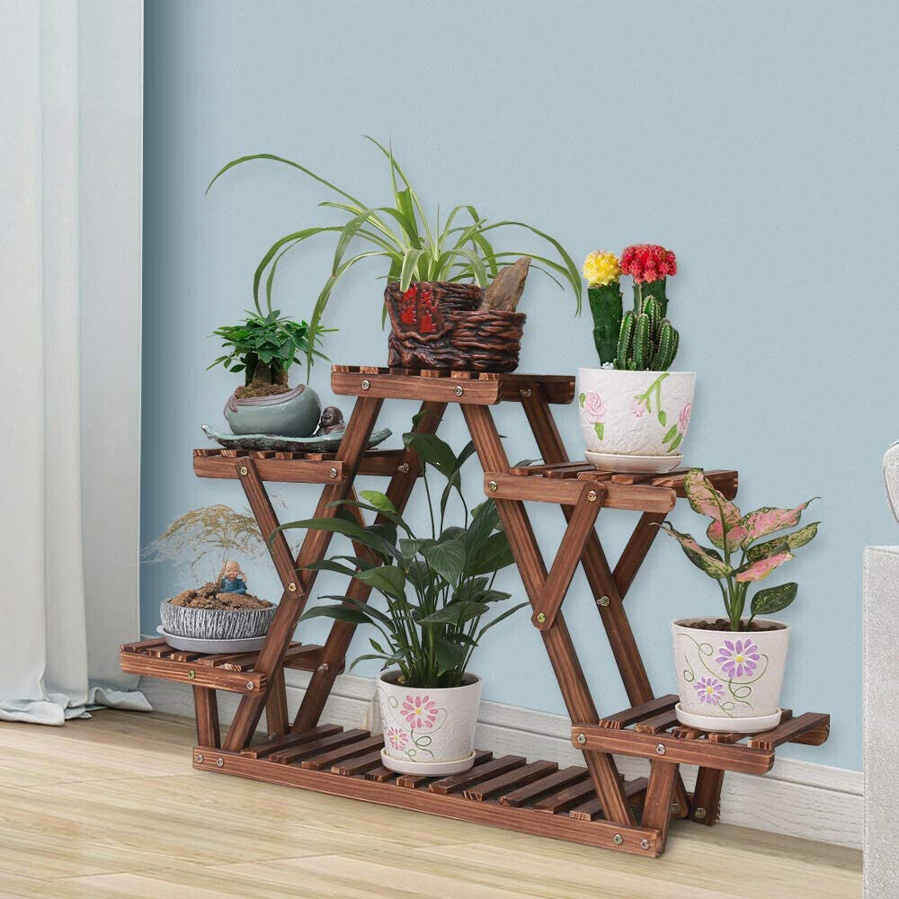 Heavy Duty Pine Wood Plant Stand Triangle In-Outdoor Flower Succulent Pots Shelf