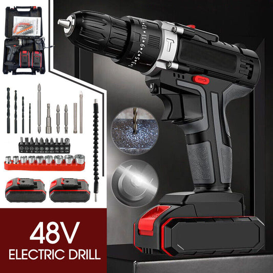 48V CORDLESS DRILL+ 2 BATTERY HEAVY DUTY IMPACT DRIVER BRUSHLESS HAMMER KIT