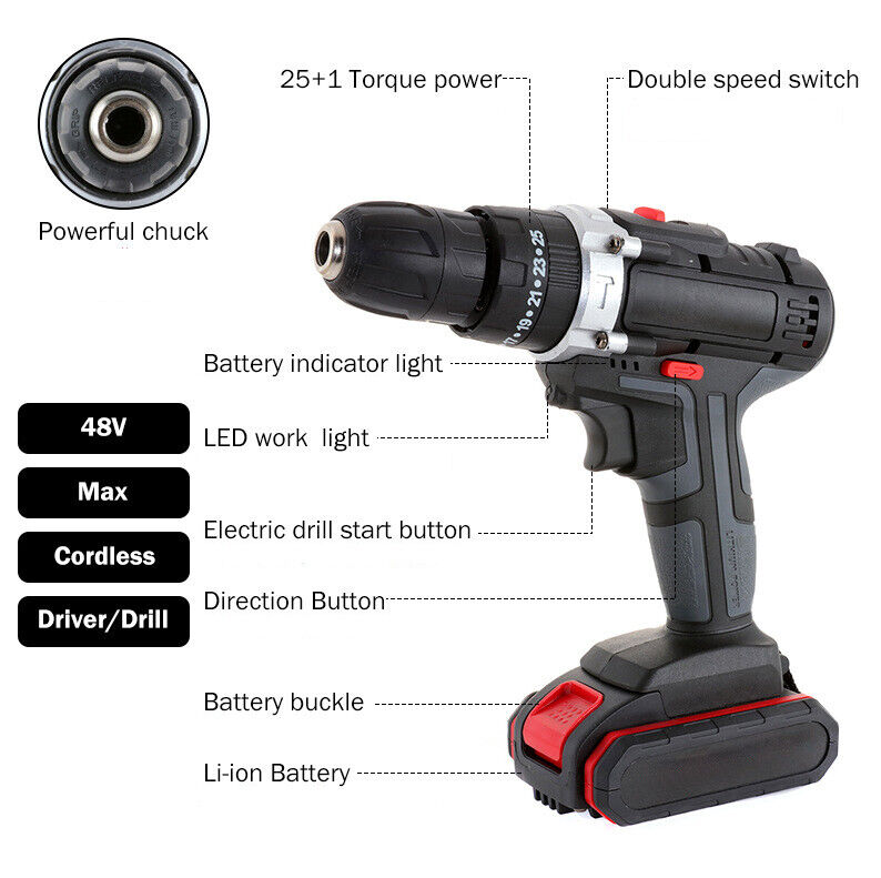 48V CORDLESS DRILL+ 2 BATTERY HEAVY DUTY IMPACT DRIVER BRUSHLESS HAMMER KIT