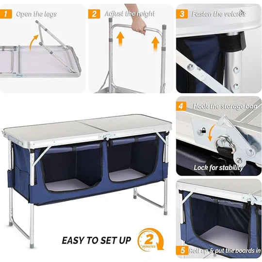 FOLDING TABLE ADJUSTABLE HEIGHT PORTABLE CAMPING TABLE WITH STORAGE CARRY HANDLE