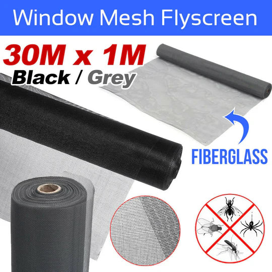 ROLL INSECT FLYWIRE WINDOW FLY SCREEN NET MESH FLYSCREEN BLACK/ GREY 100FT / 30M