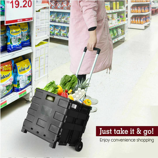 GROCERY BASKET FOLDABLE SHOPPING CART TROLLEY WHEELS FOLDING CRATE PORTABLE