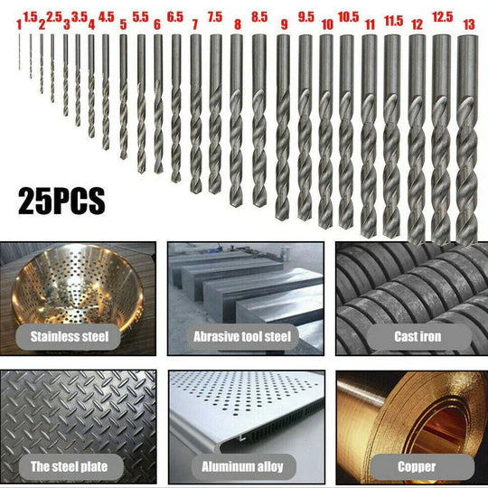 DRILL BITS SET 25PCS METRIC METAL HIGH SPEED STEEL CASE 1-13MM COATED