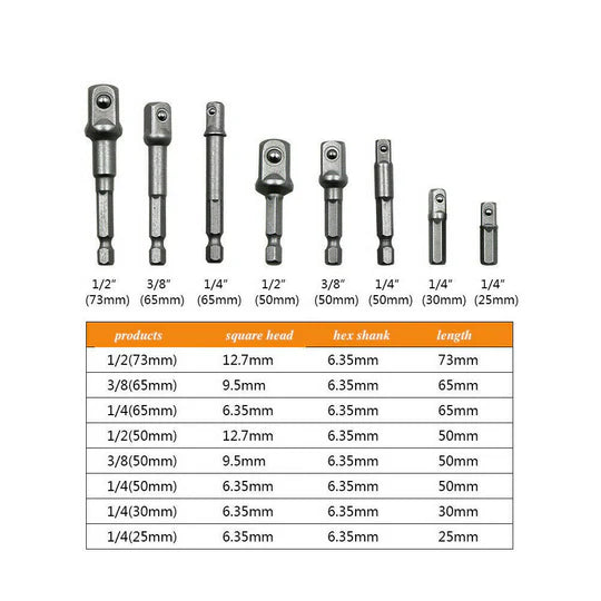 8PCS DRILL SOCKET ADAPTER SET IMPACT NUT DRIVER HEX EXTENSION BIT 1/4" 3/8" 1/2"