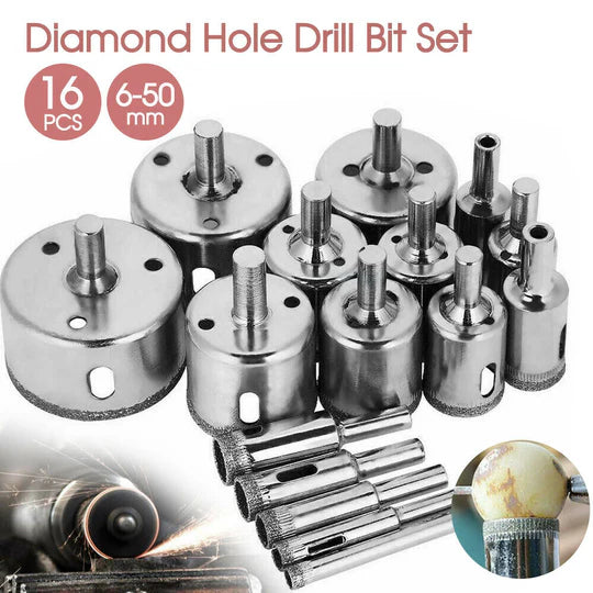 16PCS DIAMOND HOLE SAW SET HOLES CUTTER SAW DRILL BIT TILE GLASS MARBLE CERAMIC