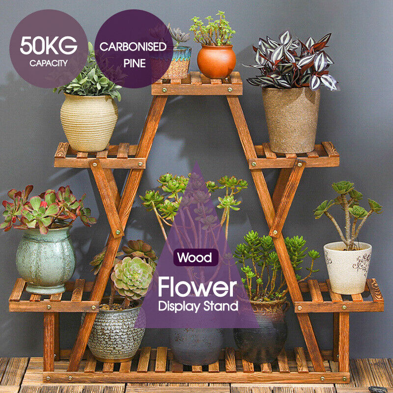 Heavy Duty Pine Wood Plant Stand Triangle In-Outdoor Flower Succulent Pots Shelf