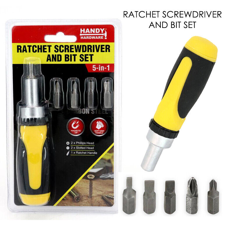 Handy Hardware® Ratchet Screwdriver & Bits Set Magnetic Tip Internal Storage