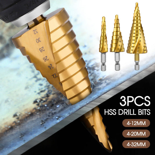 3 Pcs HSS Steel Step Cone Drill Titanium Metal Hole Cutter Bit Set 4-12/20/32mm