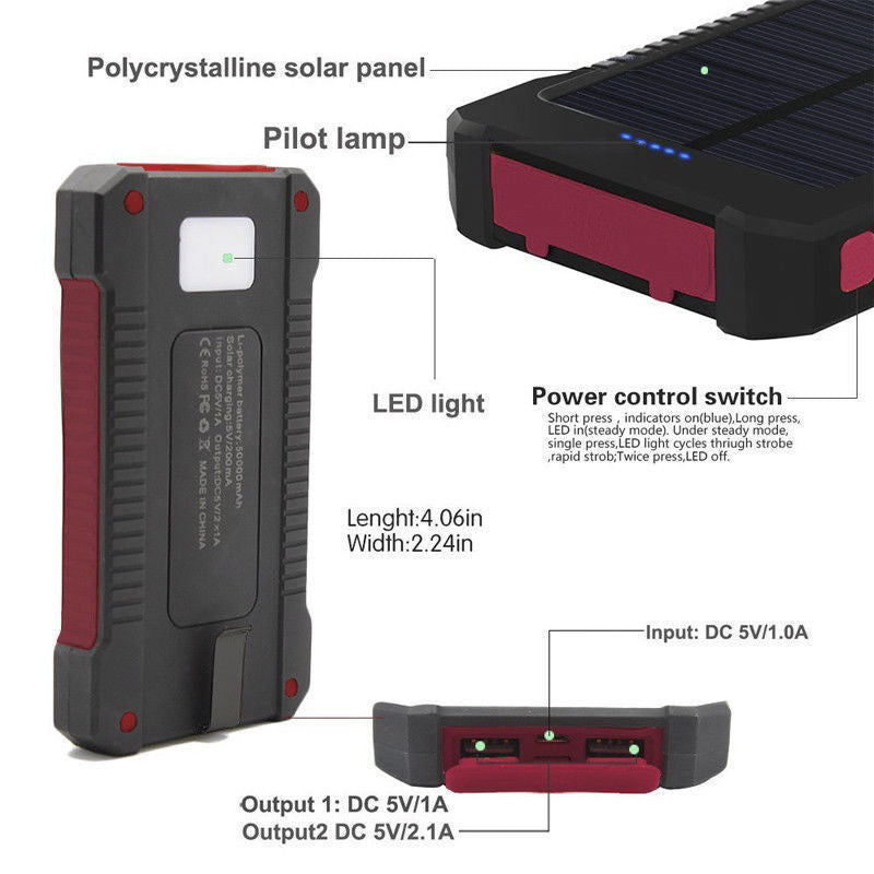 50000mah Dual USB Solar Power Bank Portable External Battery Phone Charger