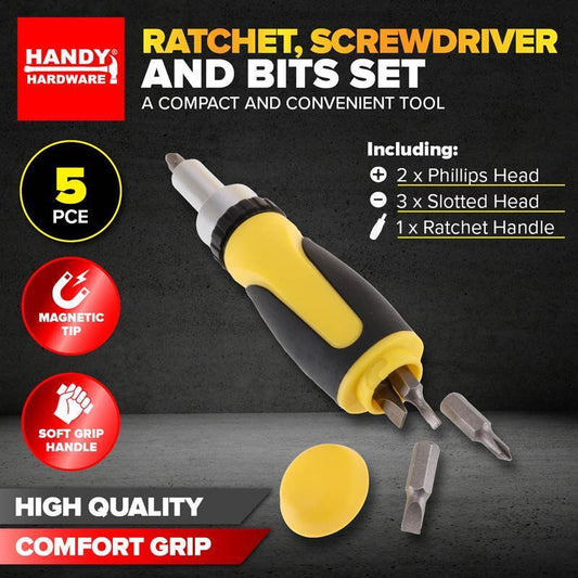 Handy Hardware® Ratchet Screwdriver & Bits Set Magnetic Tip Internal Storage