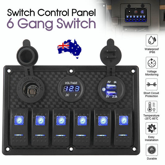 6 Gang 12V Switch Panel LED Light Rocker Circuit Breaker For Car RV Boat Marine