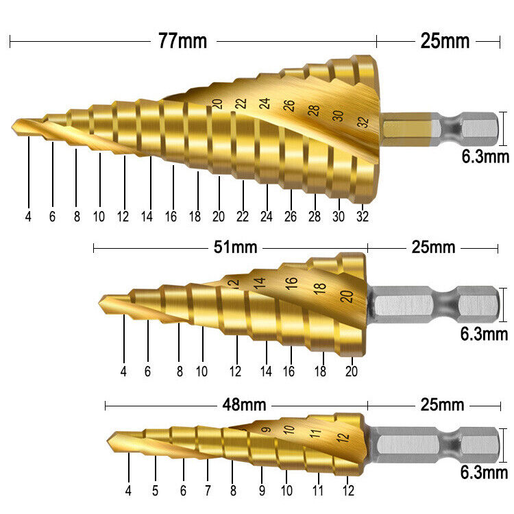 3 Pcs HSS Steel Step Cone Drill Titanium Metal Hole Cutter Bit Set 4-12/20/32mm