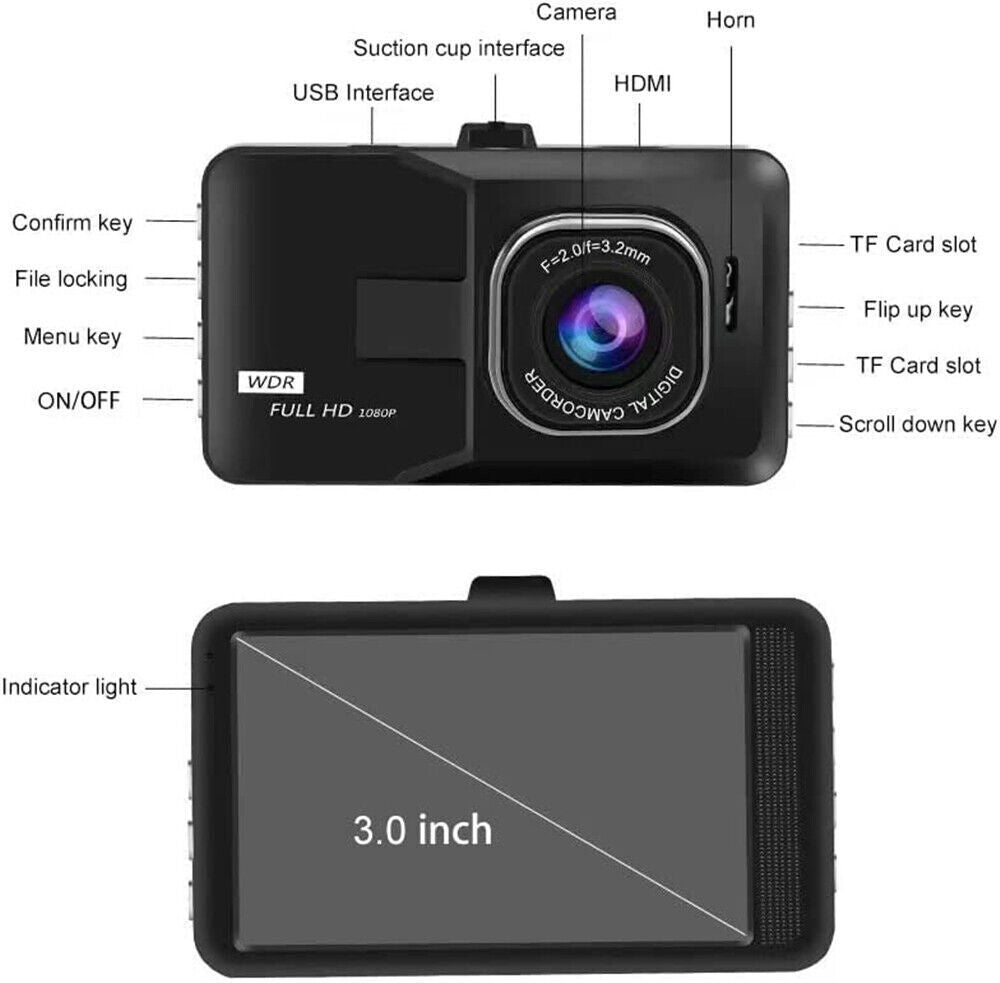 HD 1080P Car DVR 3" Lens Dash Cam Video Recorder Camera G-sensor Night Vision