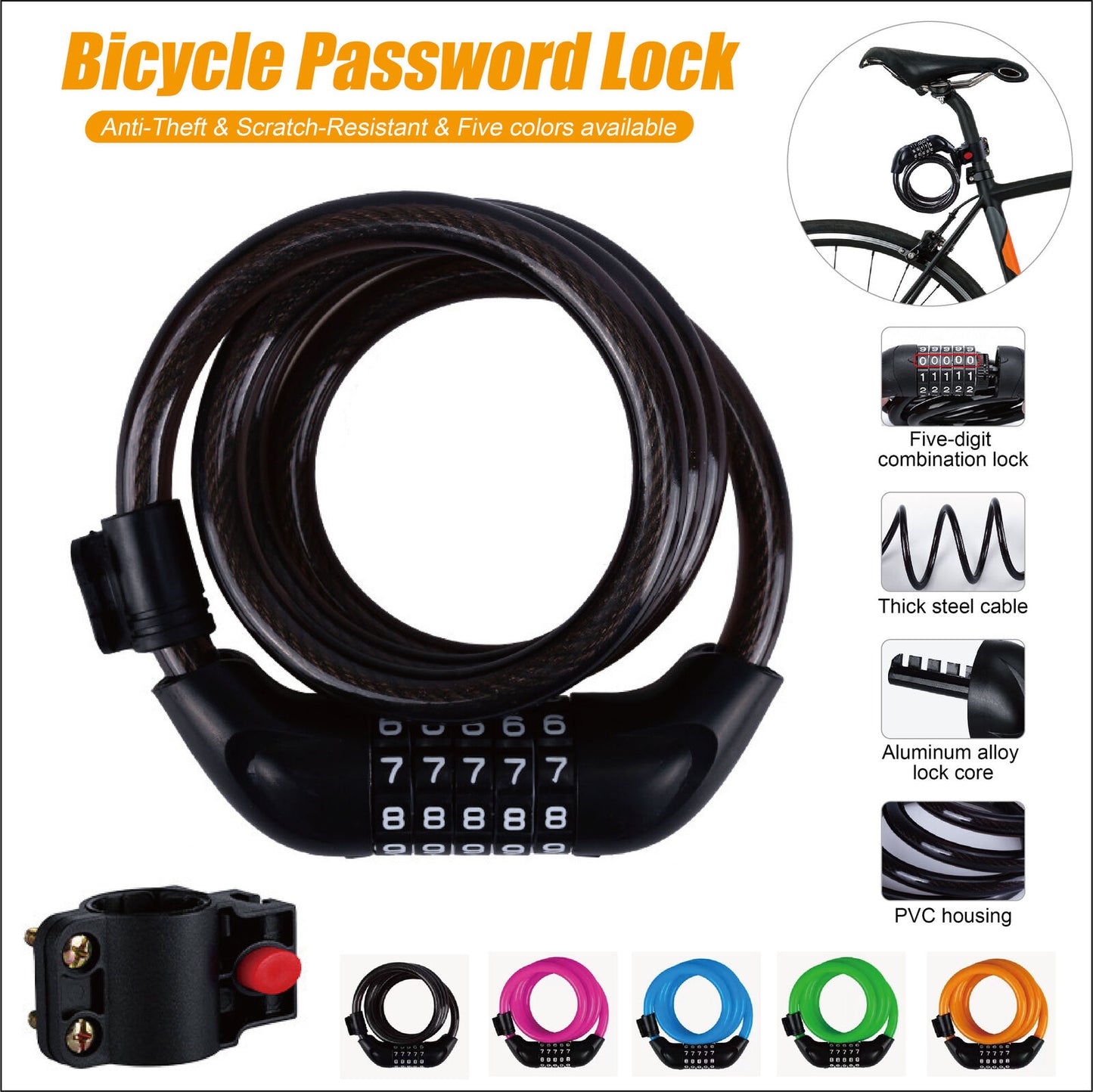 1.2m Bicycle Password Lock Anti-Theft Scratch-Resistant Lock/ Five colors