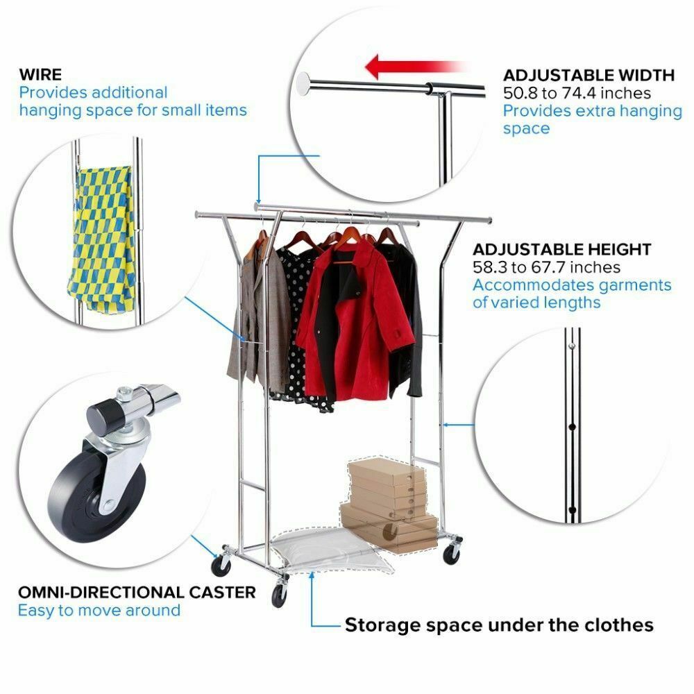 Collapsible Adjustable Single Rail Rolling Garment Cloth Coat Rack Hanger Dryer