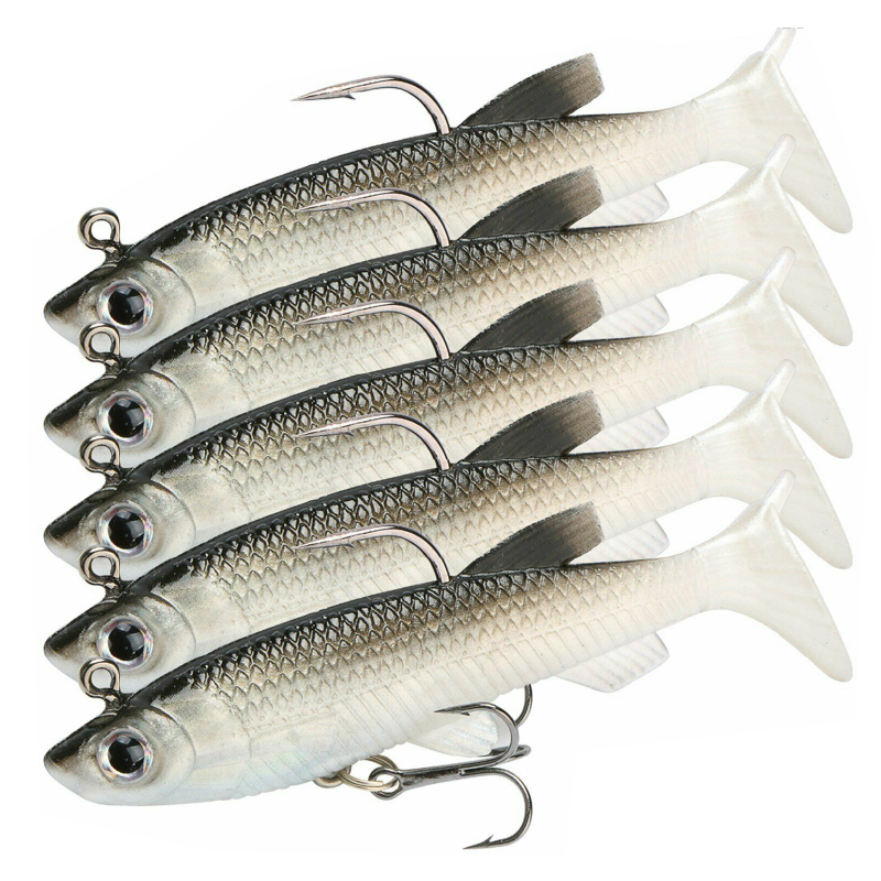 5x Soft Plastic Vibe Lures Poddy Mullet Flathead Jig Heads Barra Cod Fishing