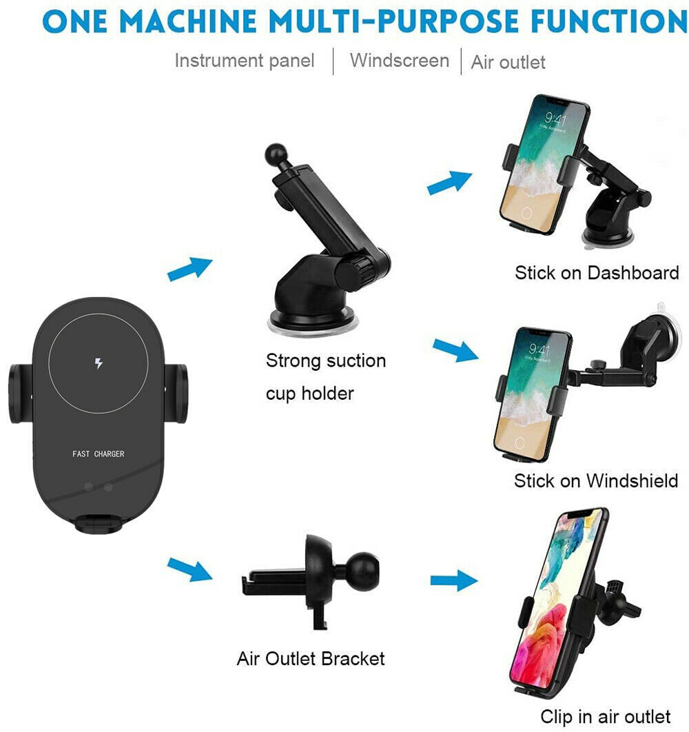 Automatic Qi Wireless Car Charging Fast Charger Mount Clamping Vent Phone Holder