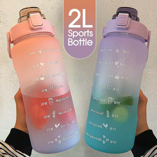 2L Sports Water Bottle Large Capacity Straw Time Motivational Fitness Jugs