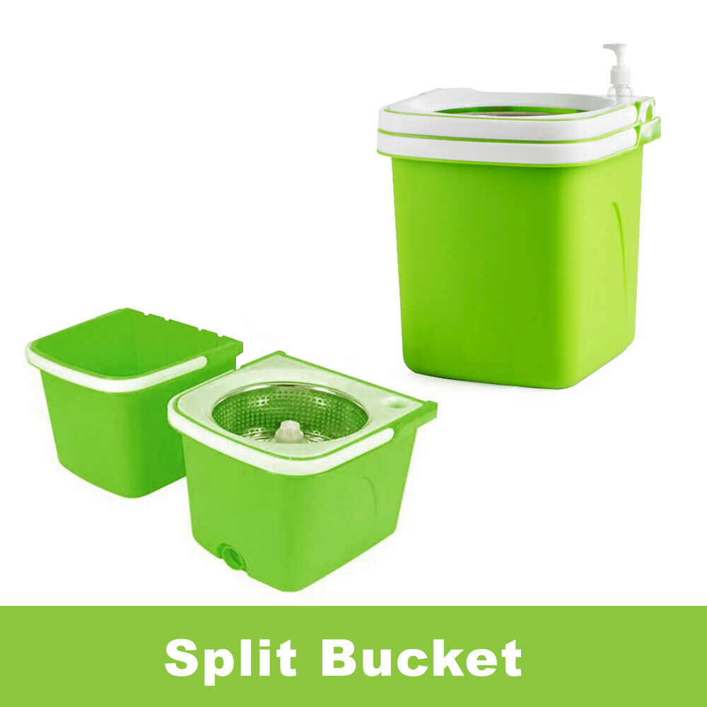 Split Bucket 360 Rotating Magic Spinning Spin Mop 2 Mop Heads Stainless Steel