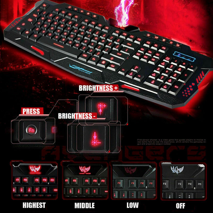 3 Color LED Backlight Keyboard Wired USB Illuminated Cool Ergonomic PC Gaming