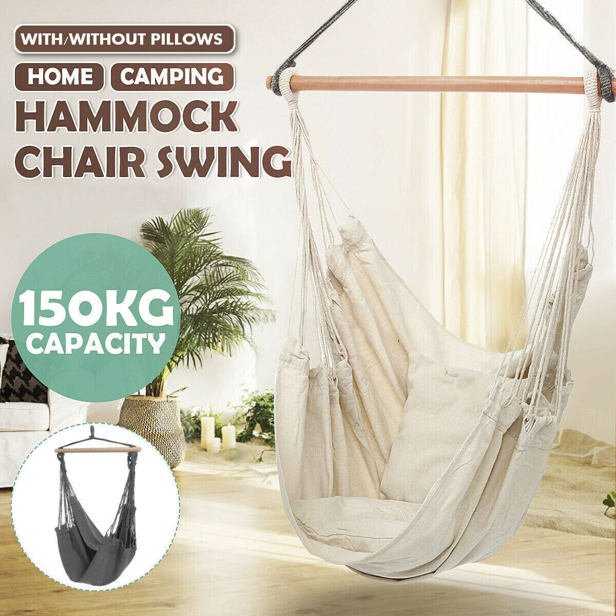 Portable Hanging Hammock Chair Swing Garden Outdoor Camping Soft Cushions