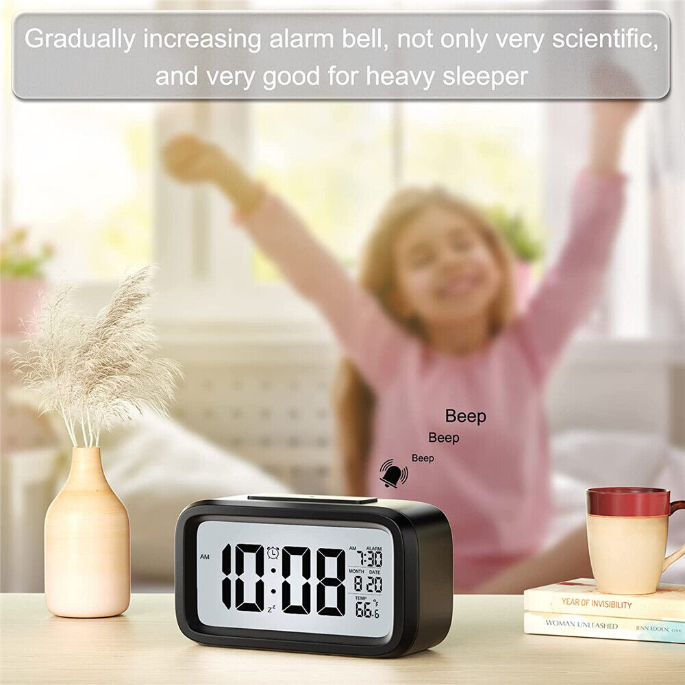 Digital Bedside Table LED Snooze Alarm Clock Time Temperature Day/Night Date