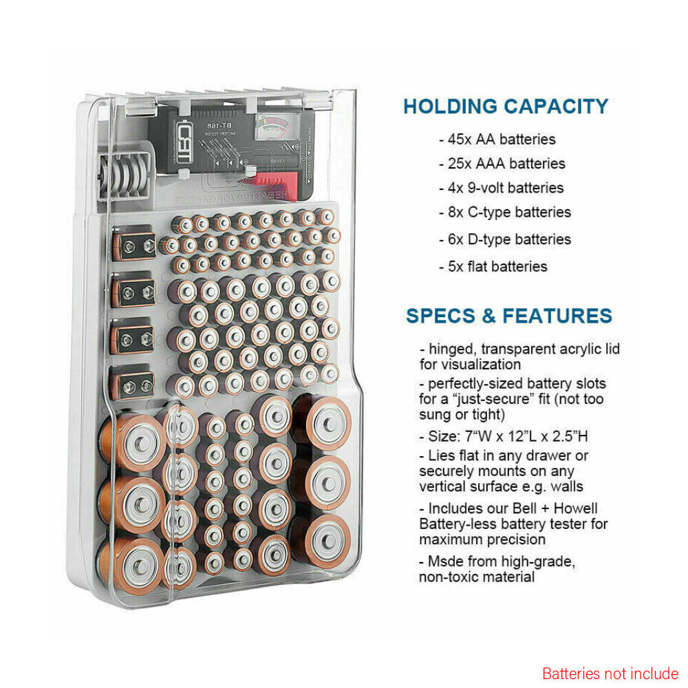 Battery Organizer Storage Holder with Tester - Battery Caddy Rack Case Box